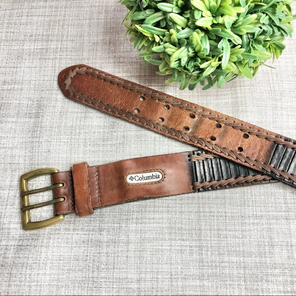 Columbia braided/ top stitched two tone leather and solid brass buckle belt